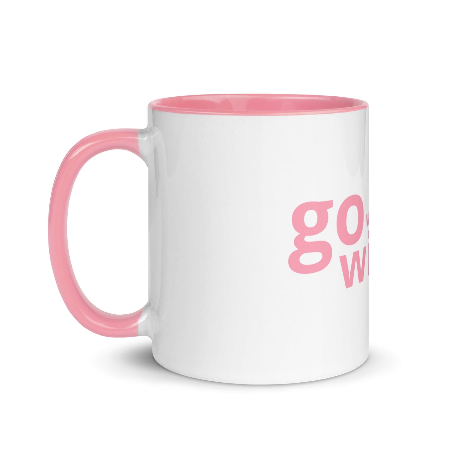 white mug with pink go whippety wild logo and pink handle left view