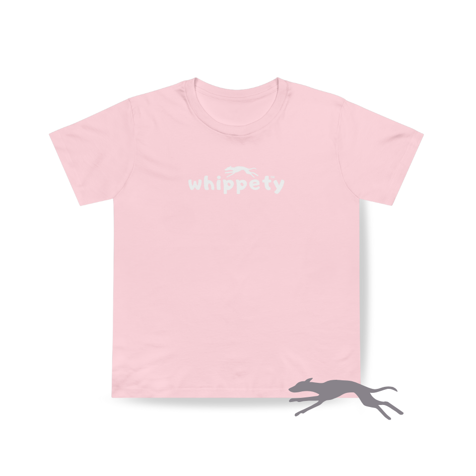 Pink t-shirt with 'whippety' text in white