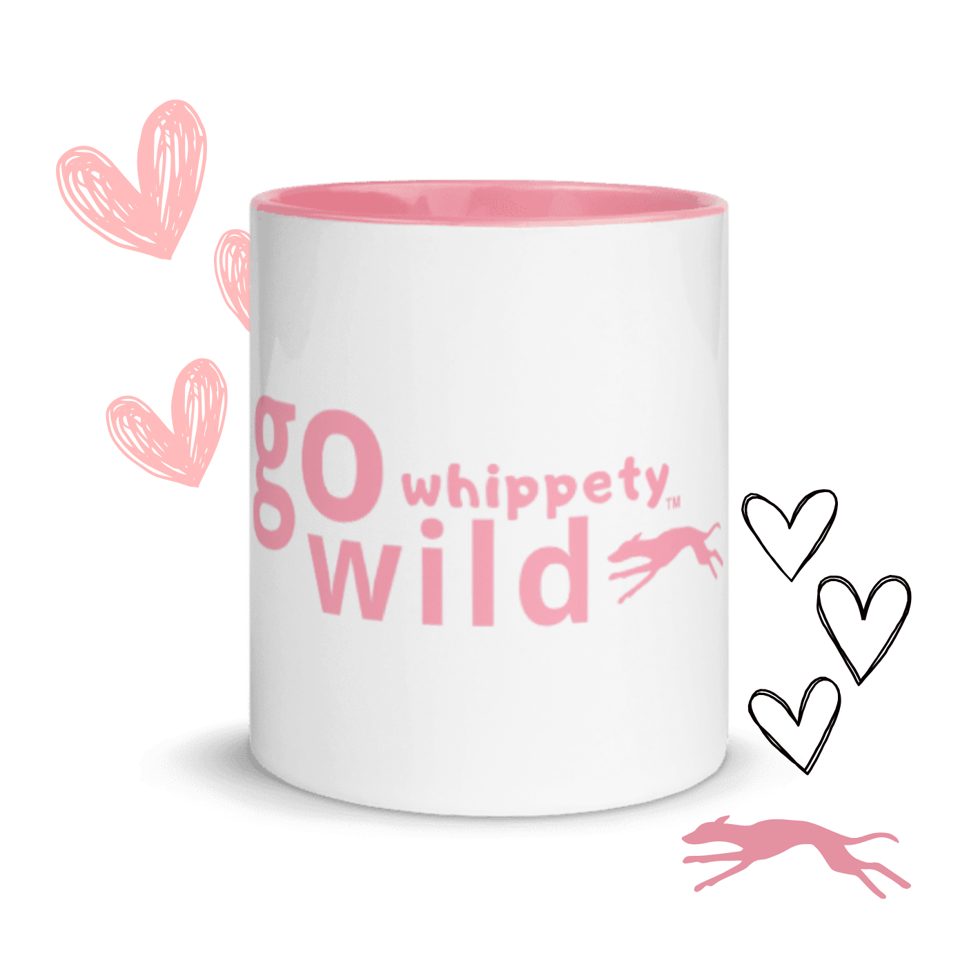 White mug with pink interior and 'go whippety wild' text on white background