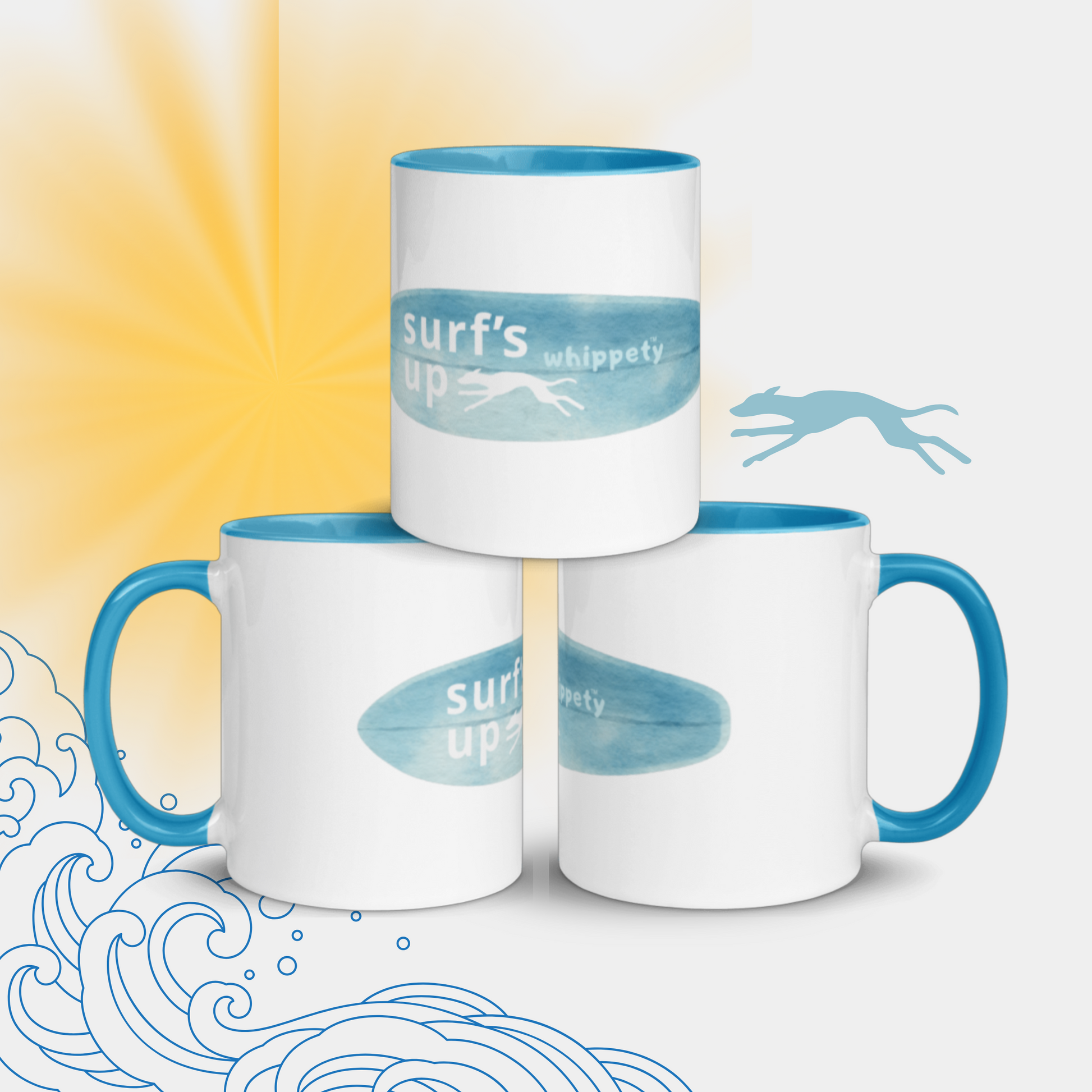 Three white mugs with blue handles featuring 'surf's up whippet' text on a beach background.