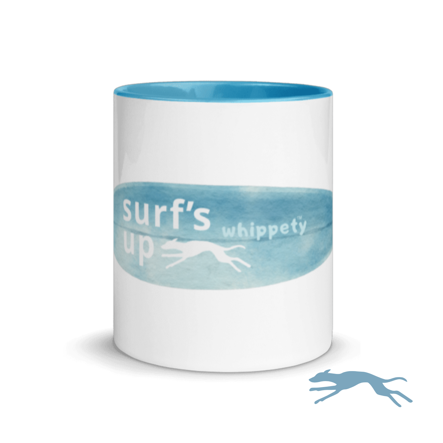 White mug front with blue rim, featuring 'surf's up whippety' text and whippet illustration on white background.