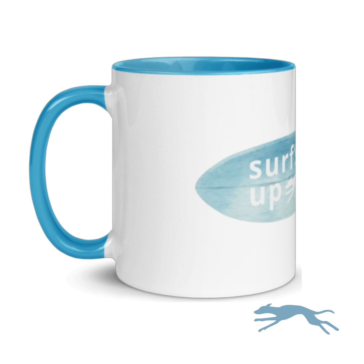White mug with blue handle and interior, featuring a surfboard design and 'whippety surfs up' text on a white background.
