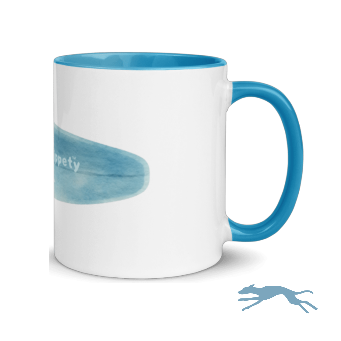 White mug right side view with blue handle with blue whippety logo on a white background.