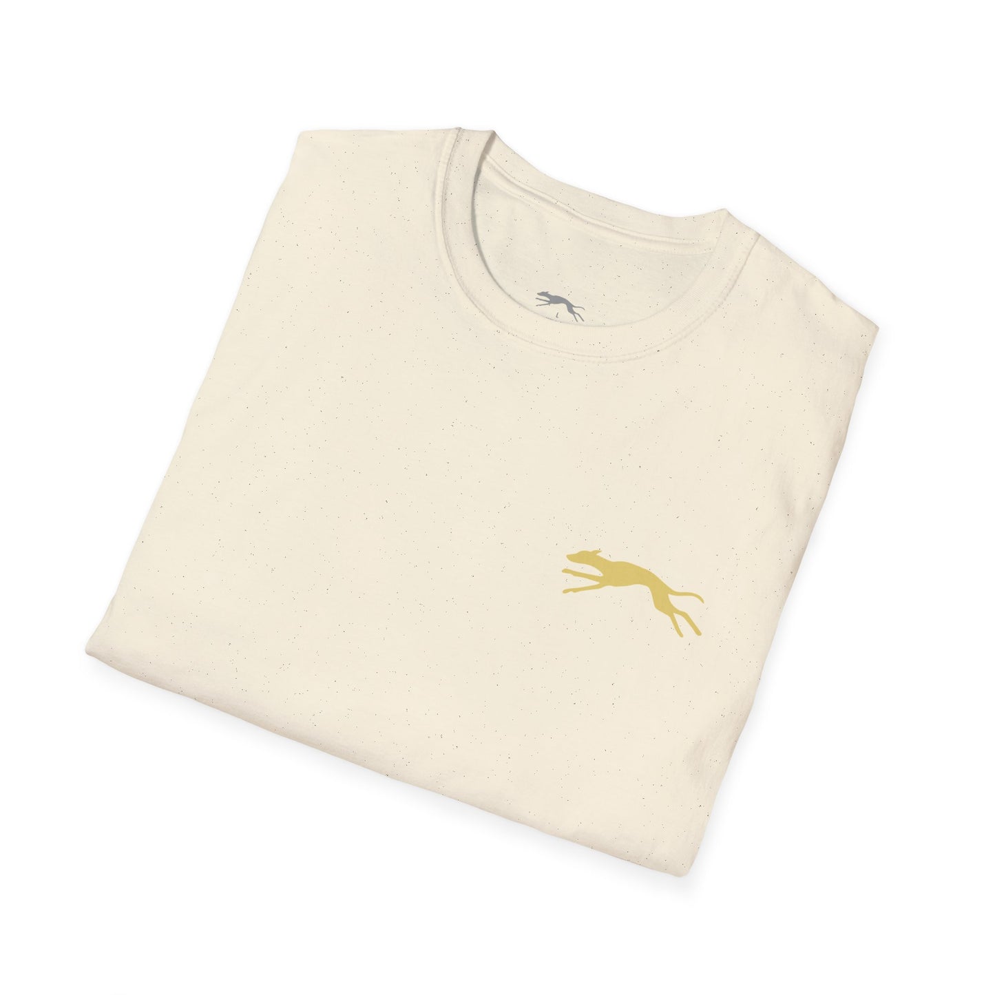 Folded cream-colored t-shirt with a yellow whiipet logo 