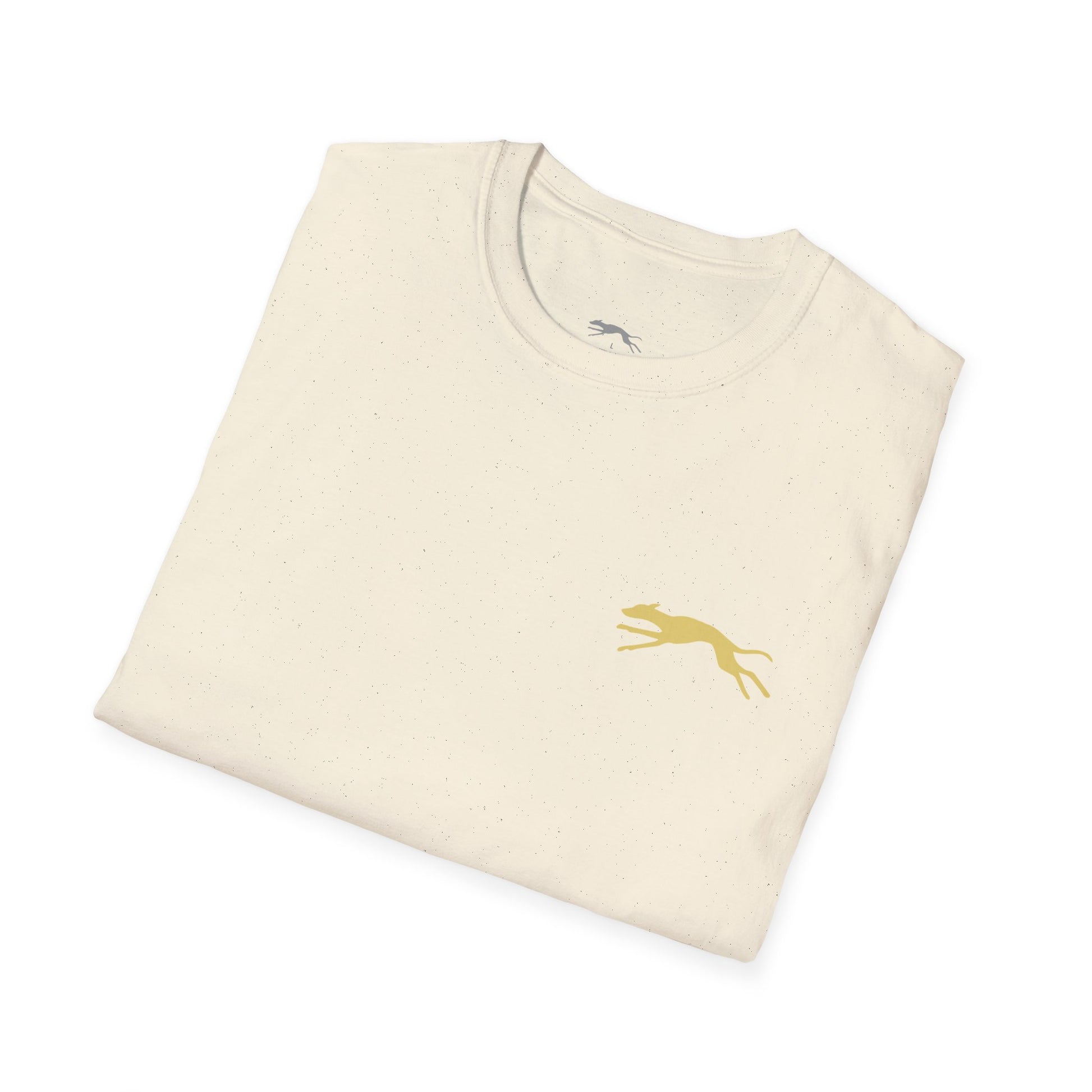 Folded cream-colored t-shirt with a yellow whiipet logo 