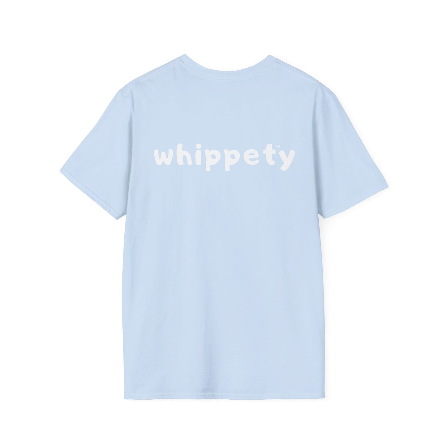 Light blue t-shirt with 'whippety' text on back of shirt