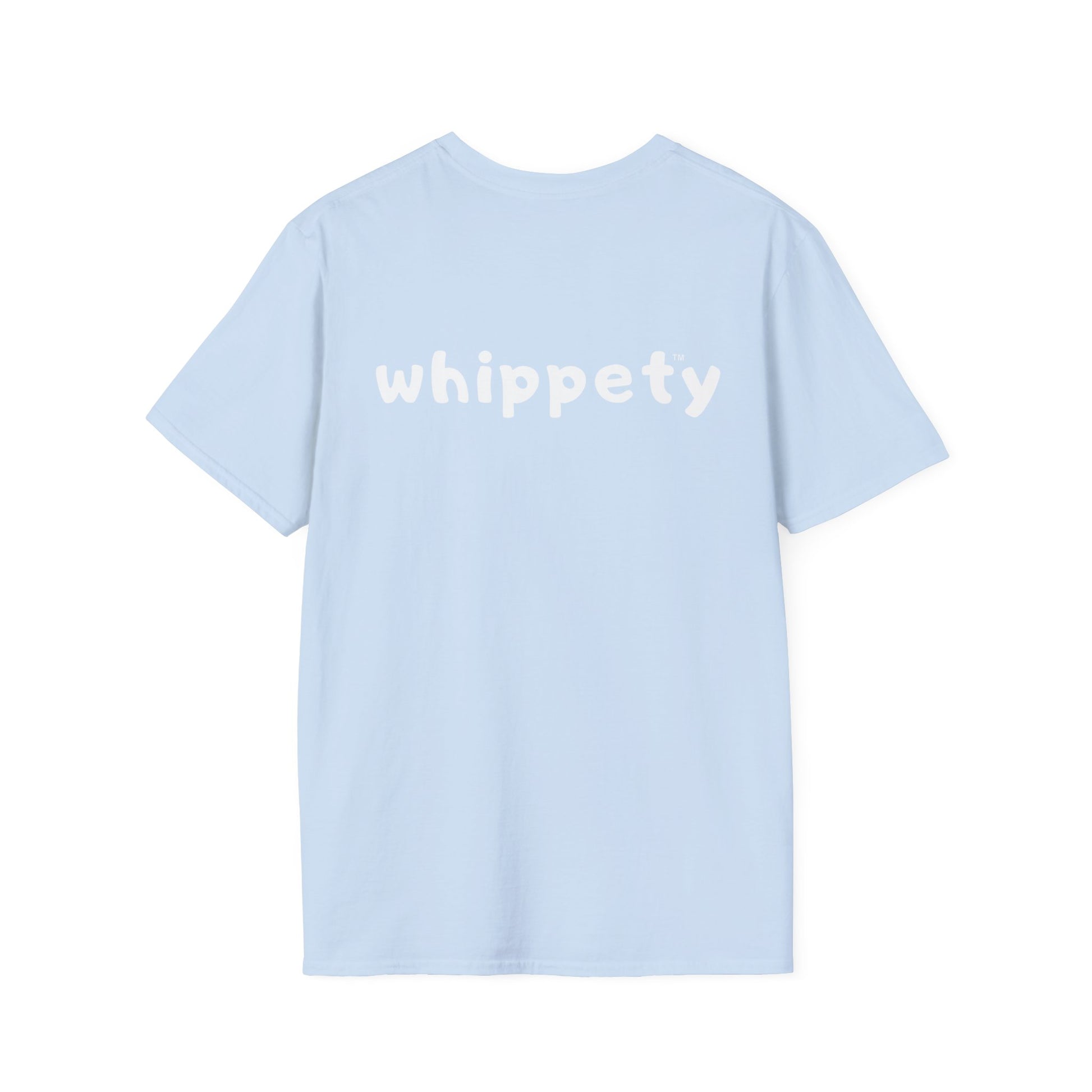 Light blue t-shirt with 'whippety' text on back of shirt