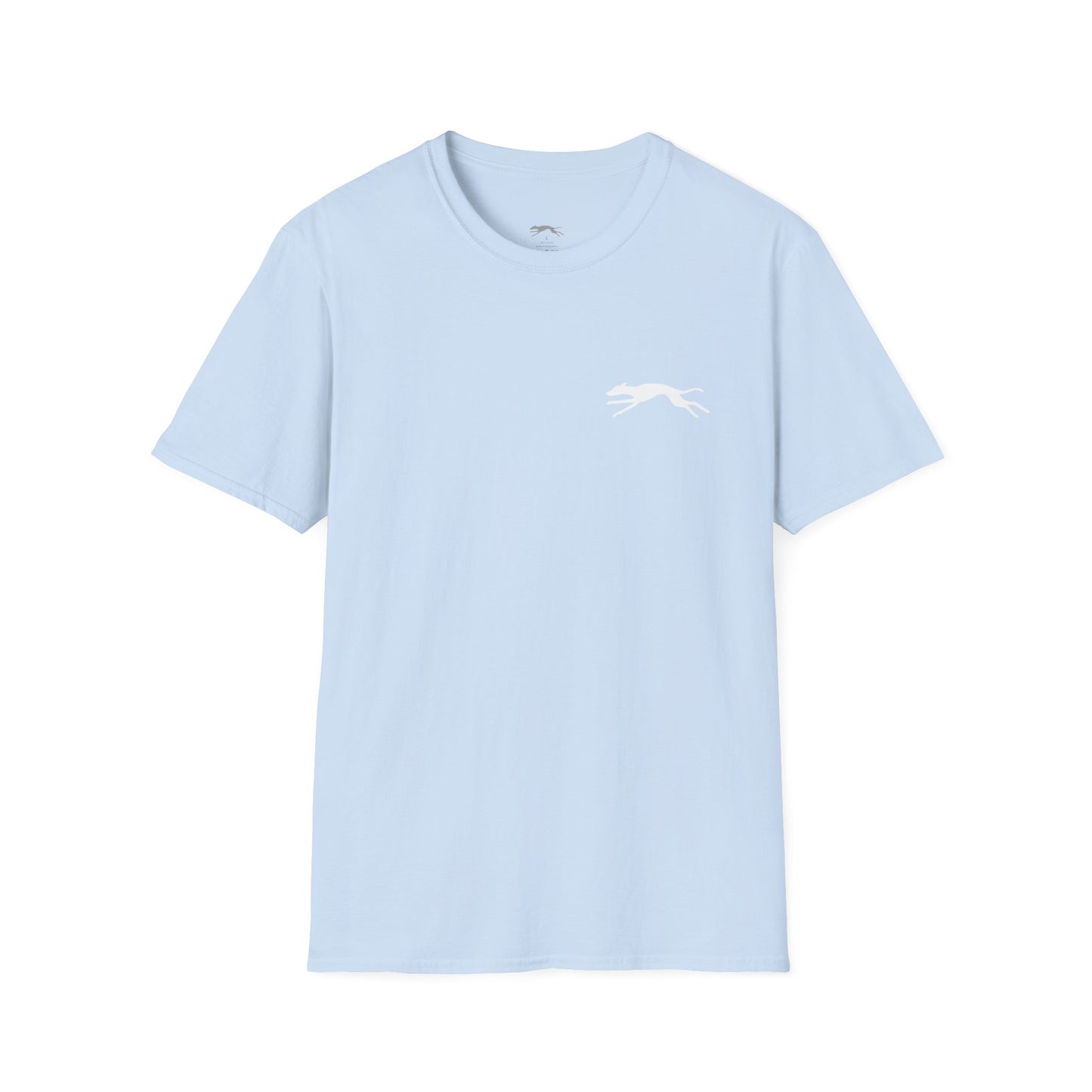 Light blue t-shirt with a small white whippet graphic on the front