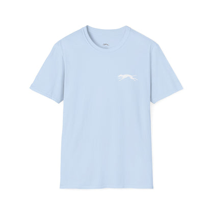 Light blue t-shirt with a small white whippet graphic on the front