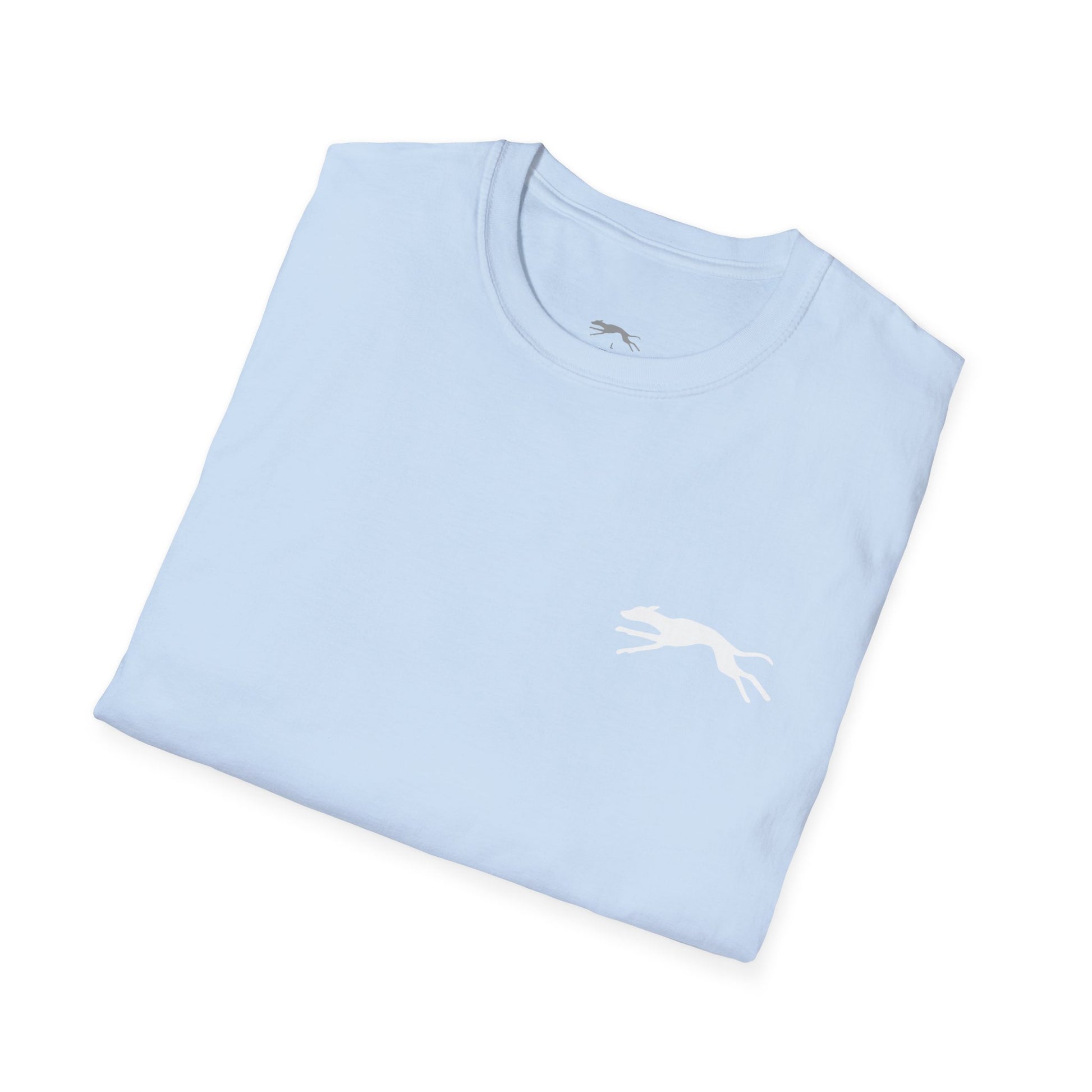 Folded light blue t-shirt with a white whippet graphic on front