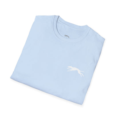 Folded light blue t-shirt with a white whippet graphic on front
