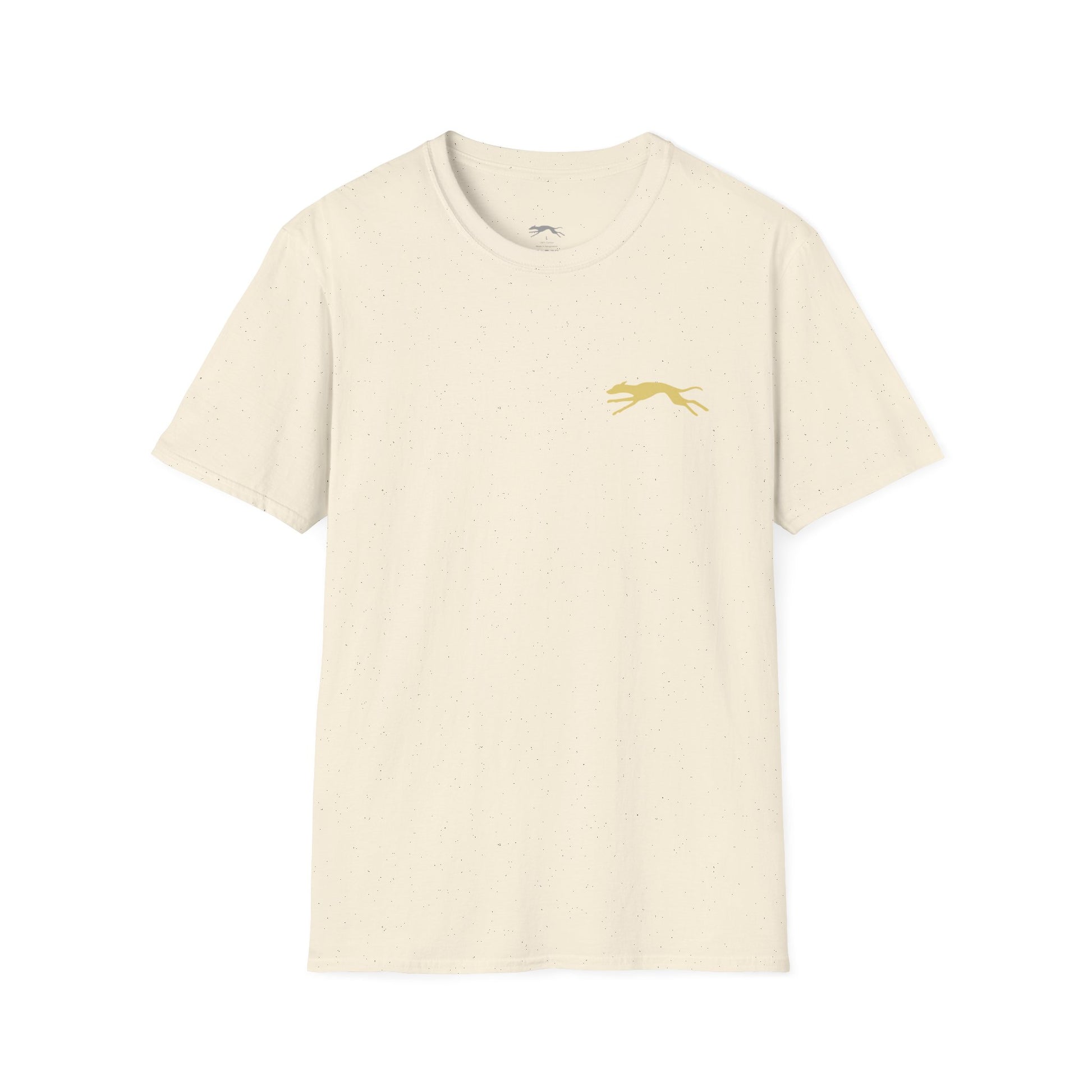 Creamt-shirt with a small whippet graphic  on front