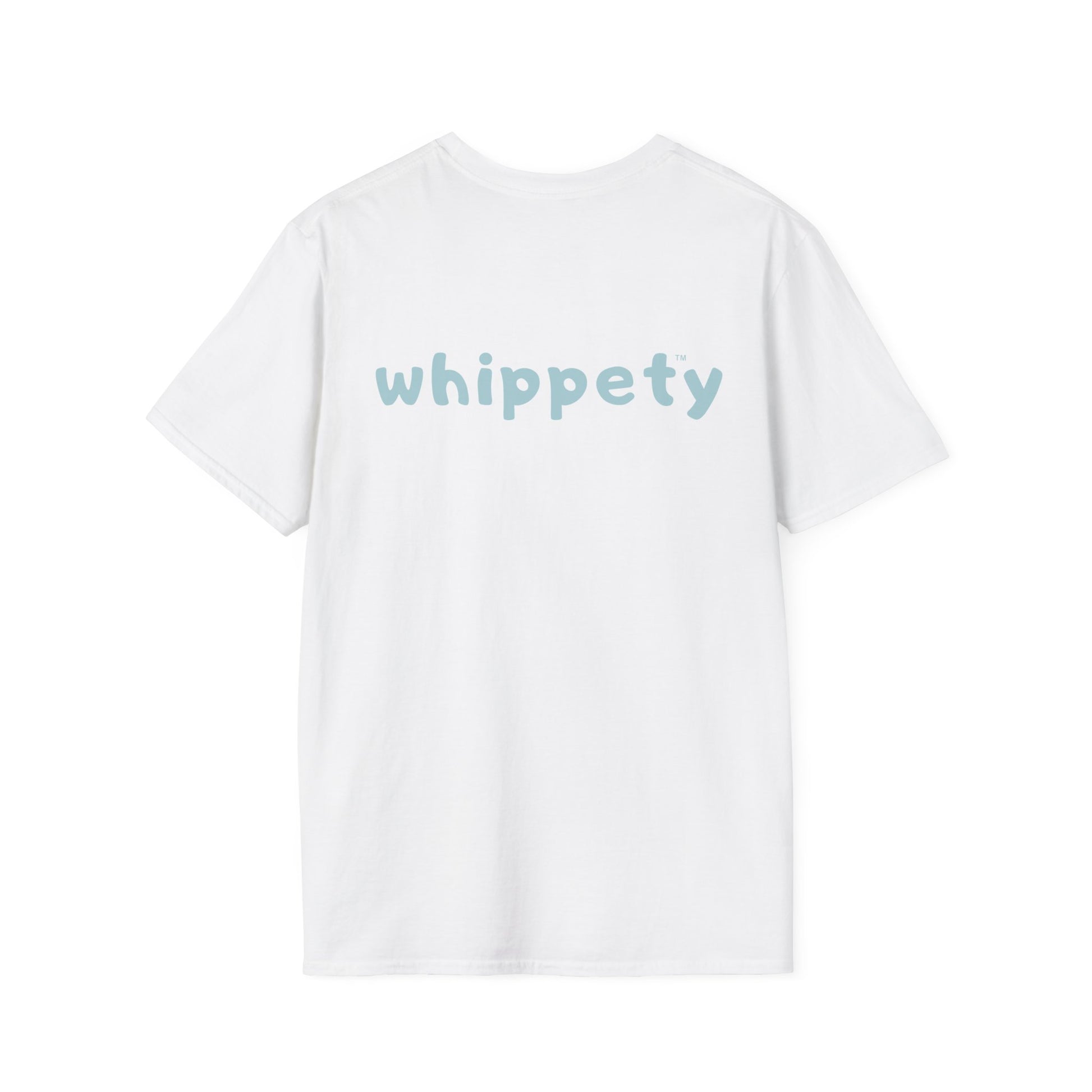 White t-shirt with blue 'whippety' text on the back