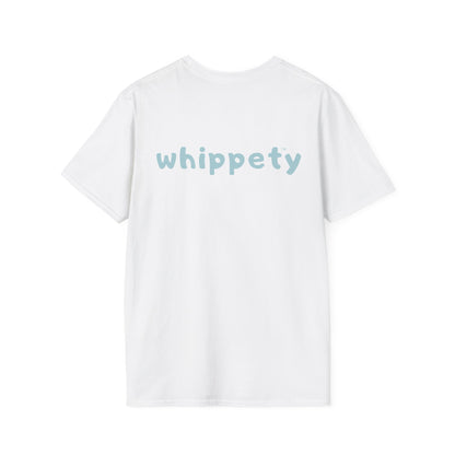 White t-shirt with blue 'whippety' text on the back
