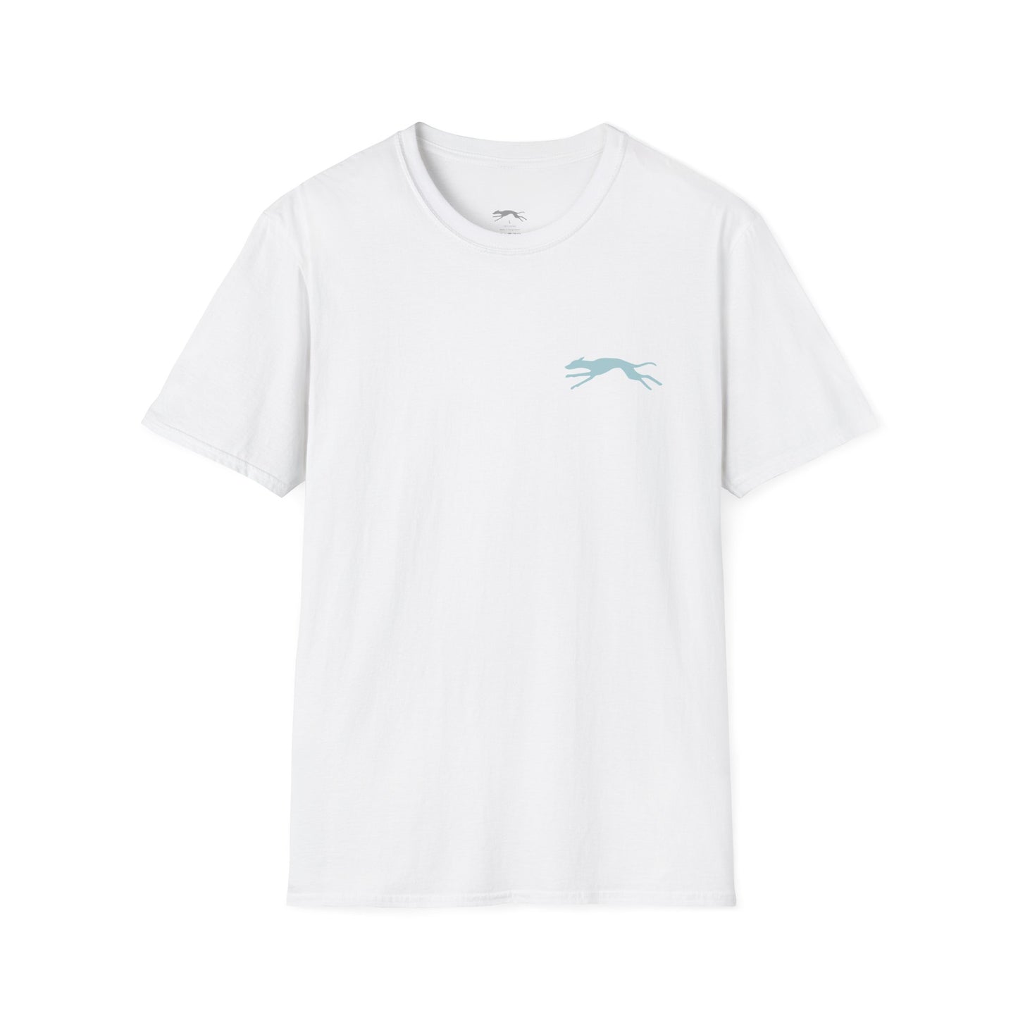 White t-shirt with a small blue whiipet graphic on a white background