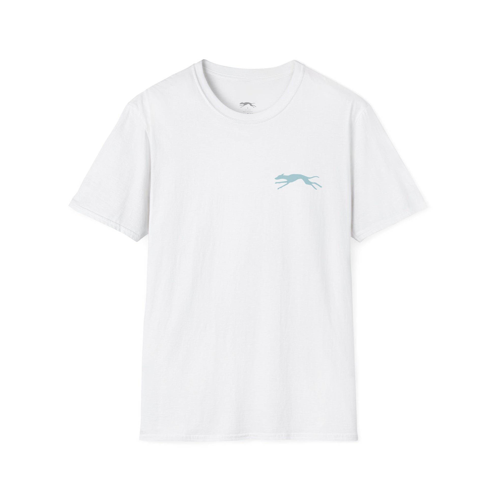 White t-shirt with a small blue whiipet graphic on a white background