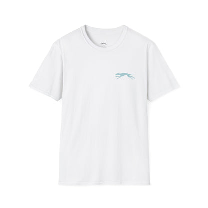 White t-shirt with a small blue whiipet graphic on a white background