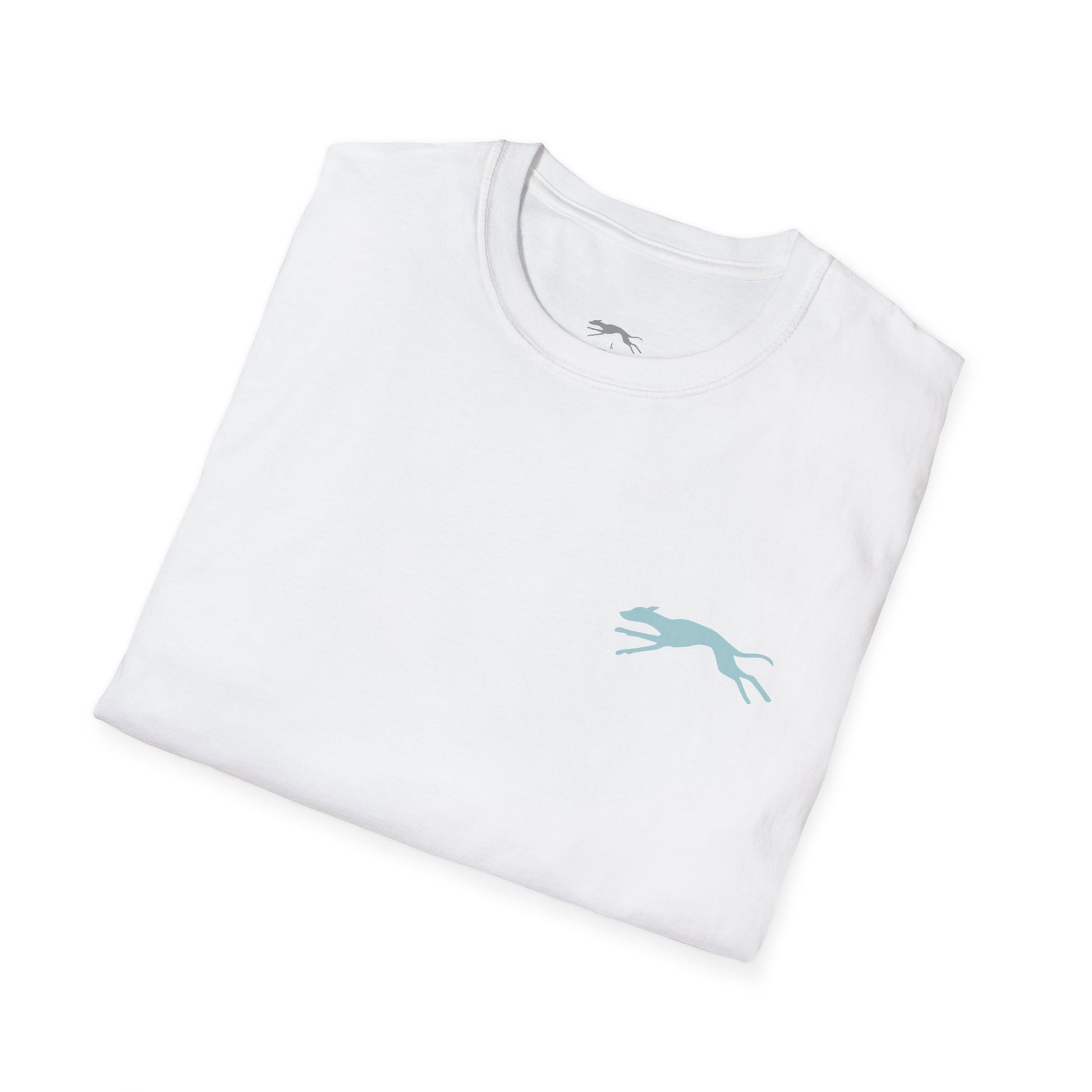 Folded white t-shirt with a blue whippet graphic on the front