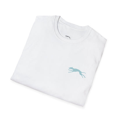 Folded white t-shirt with a blue whippet graphic on the front