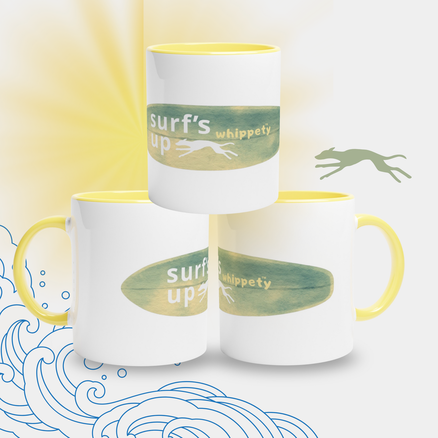 Three white mugs with yellow handles and 'surf's up whippety' text on a beach illustrated background.