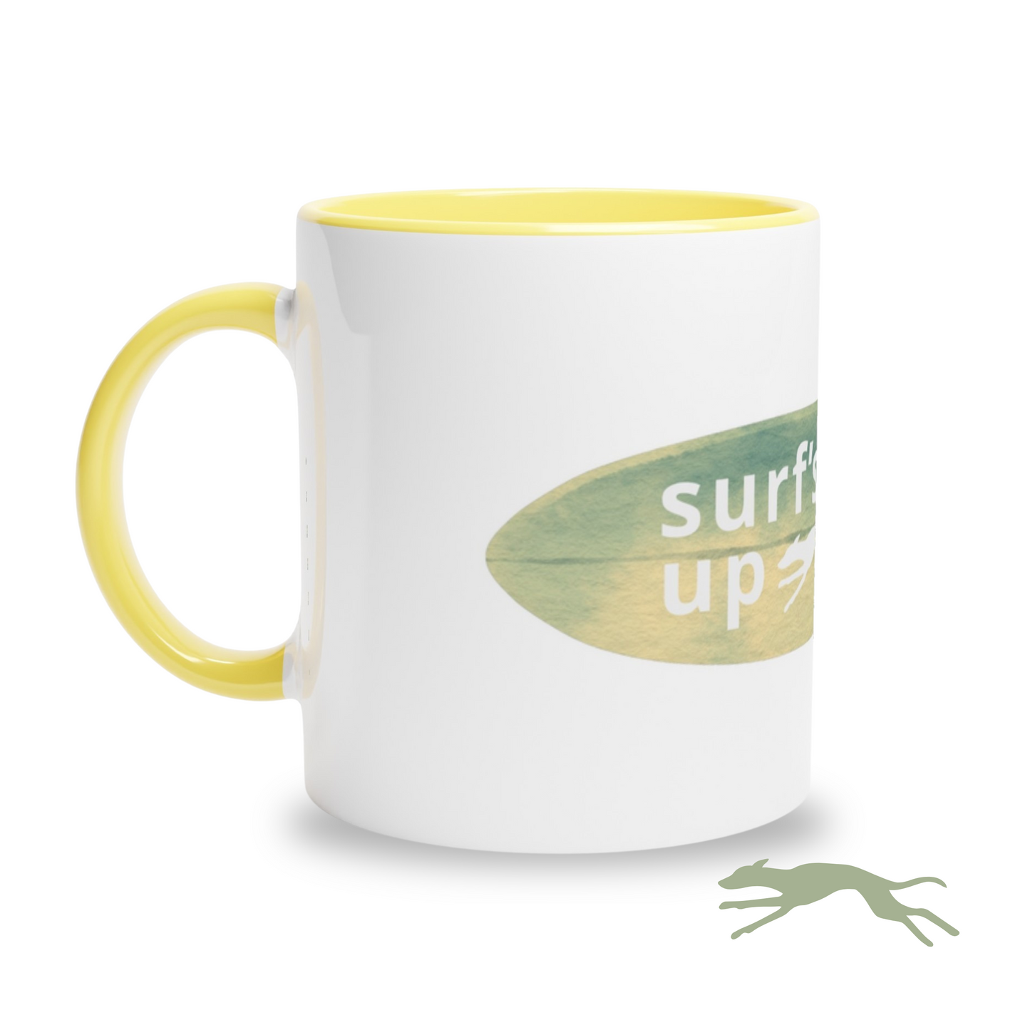 White mug with yellow interior and handle, featuring a green logo and text on a white background.