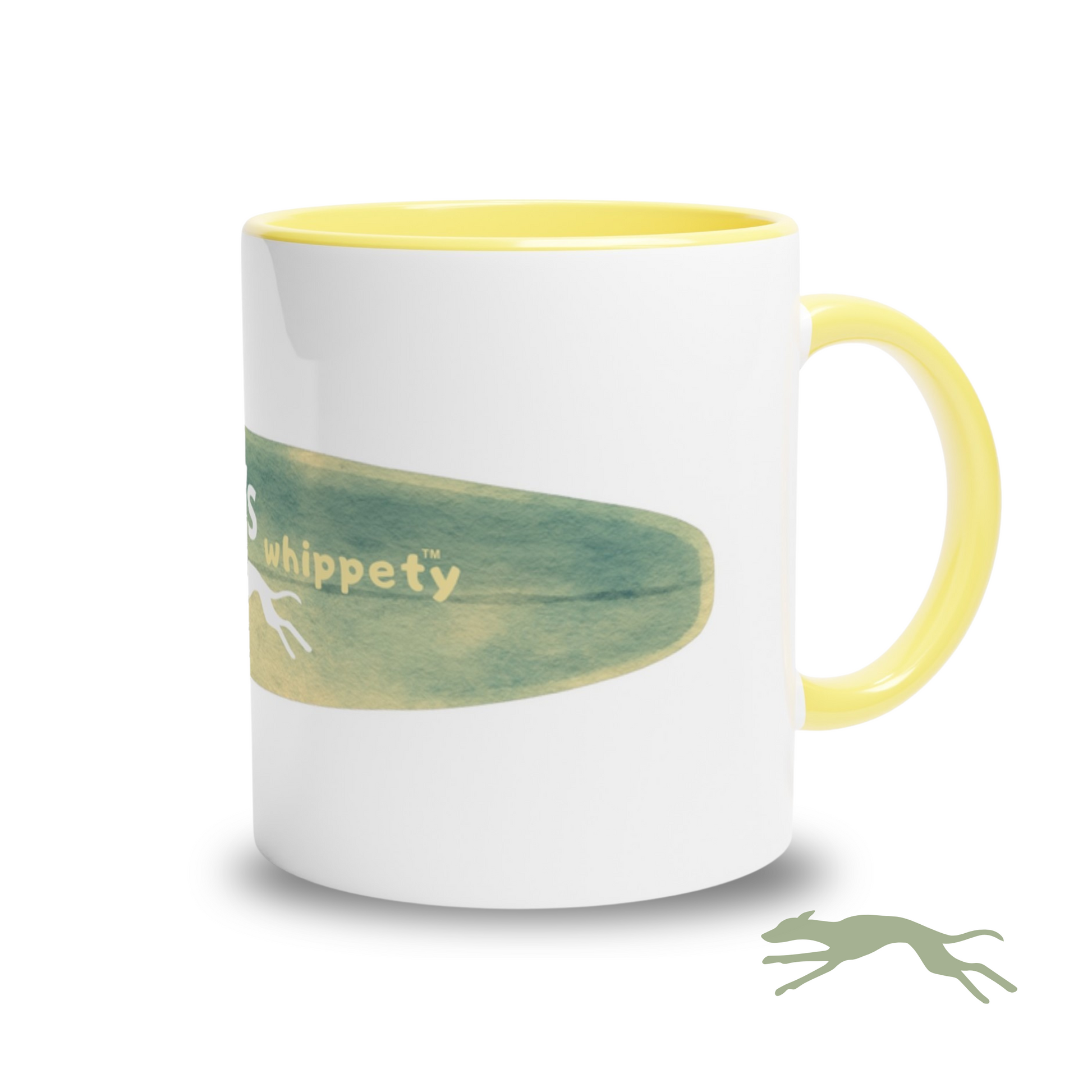 White mug with yellow interior and handle, featuring a green whippety logo and text on a white background.