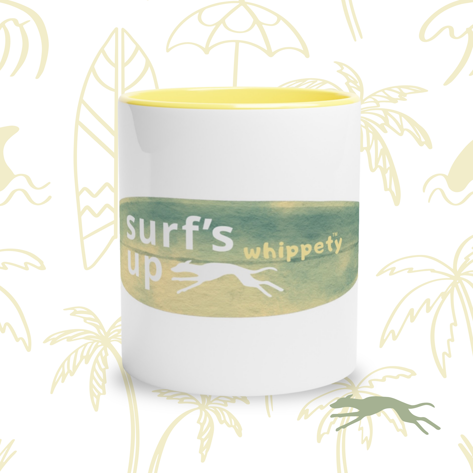 White with yelllow mug with 'surf's up whippety' text and beach design on a tropical background