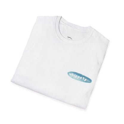 Folded white t-shirt with  blue 'whippety surfs up' logo on front