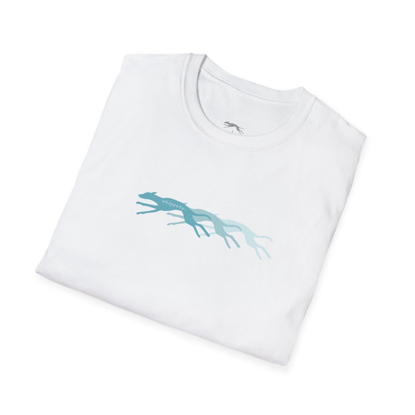 Folded white t-shirt with a blue whippets running graphic on a white background