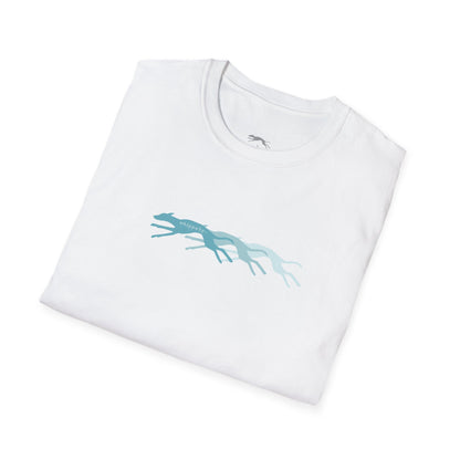 Folded white t-shirt with a blue whippets running graphic on a white background