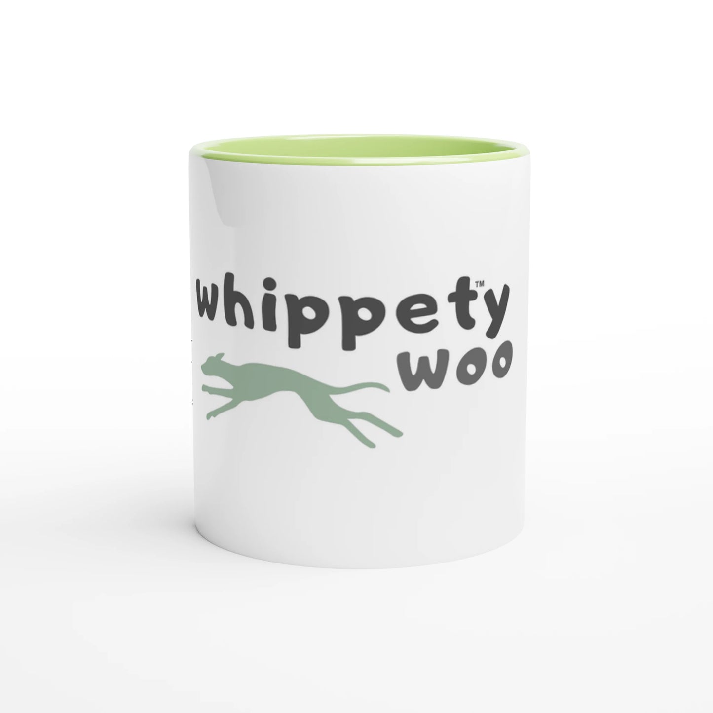 white whippety woo mug with green inside front view 